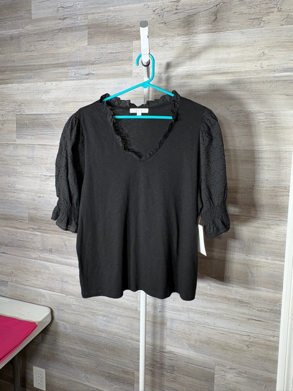 Design History Black Ruffle Trim Puff Sleeve Top 2097